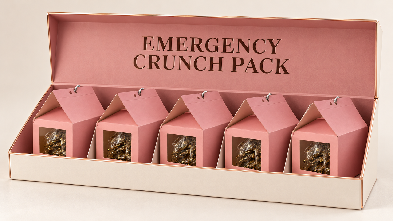 Bundle packaging concept: exactly five pink CrunchCone window boxes in a larger cream gift box with an open pink lid labeled Emergency Crunch Pack